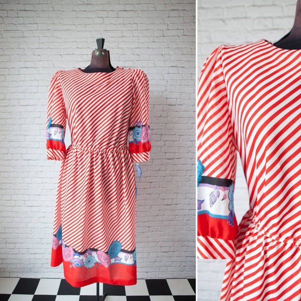 Vintage Blouson Dress, Conti-Lee New York, Teacher dress, Red Horizontal stripe midi, Long Puff sleeve, Deadstock NOS, Secretary Poly Floral