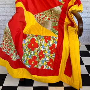 bright vintage 8 point star quilt, red and yellow bright floral star quilt, vintage quilt, vibrant quilt, multi-colored quilt,