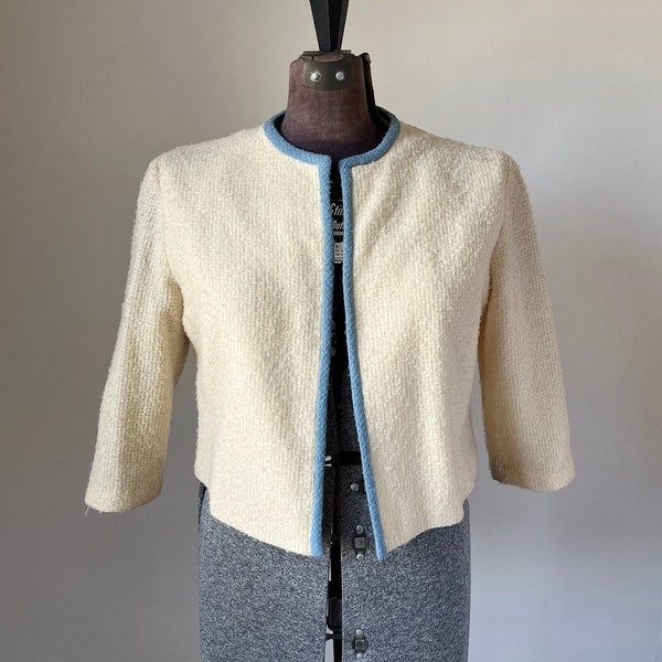 Spring Bolero Jacket, Open Front Jacket, Off White Jacket, Cream Colored, Blue Trim, Textured Fabric Cardigan, Easter Outfit, Lined