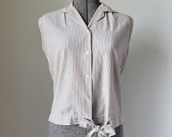 Sleeveless Button Up, Waist Tie, Brown Striped Top, Sleeveless Collar Button Shirt, Vintage Stripes, Womens Button Blouse, Vertical Stripes