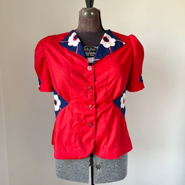 Red button up blouse, Unique Vintage Top, Handmade Vintage, Puff sleeve, flower pattern, bright patchwork top, red white and blue, july 4th