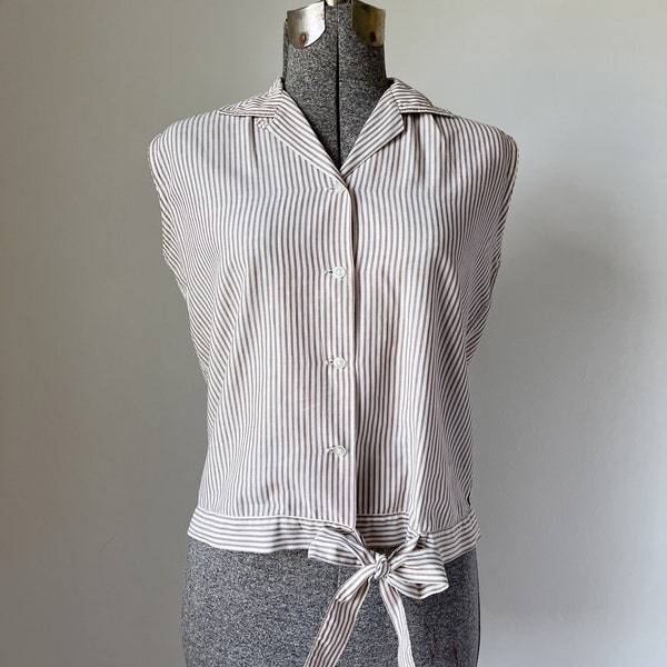 Sleeveless Button Up, Waist Tie, Brown Striped Top, Sleeveless Collar Button Shirt, Vintage Stripes, Womens Button Blouse, Vertical Stripes