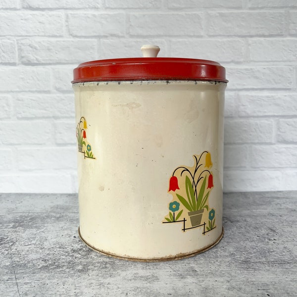 farmhouse floral tin, vintage tin container, red lid tin, 6" tin, tall circle tin, vintage tin, flowers design