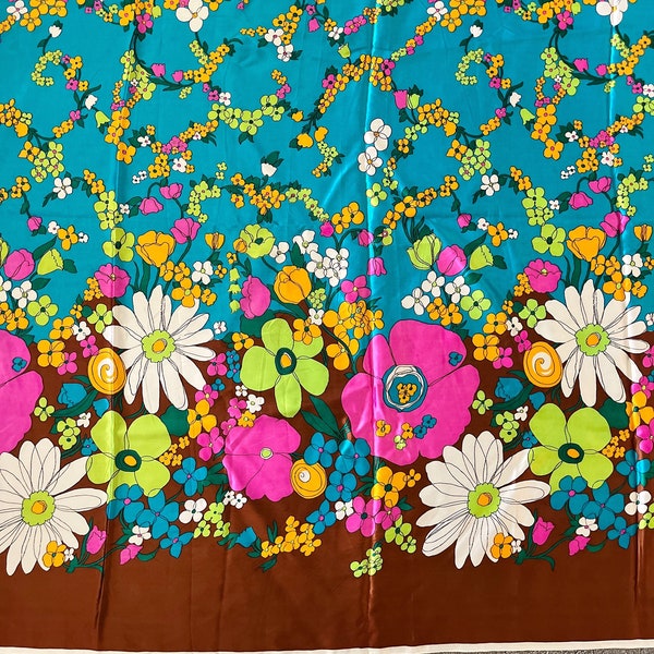 Vintage floral fabric, brown teal magenta, MCM dressmaking, 60s 70s mod, 3 yds, hippie flowers, boho DIY sew, shiny sewing material