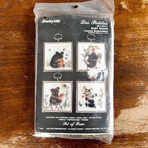 Vintage Janlynn Les Petites Baby Bears Crewel Embroidery Kits, #21-5411, NOS, Tiny Embroidery Kits, with frames, Needlepoint Needlecraft