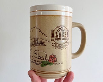 Alaska mug, embossed mug, vintage souvenir state mug, Alaska landscape scenes, coffee mug, beige mug, USA states mug, the Alaska Homestead