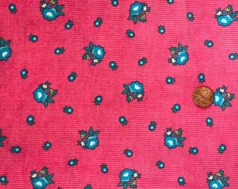 pink corduroy vintage fabric, floral corduroy, pink blue flowers, sewing material, 70s 80s 90s, DIY sew, baby girl dress, hippie boho