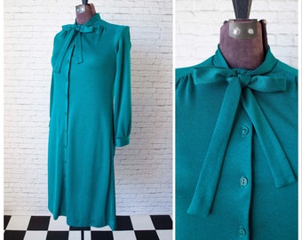 Emerald shirt dress, Green Christmas dress, Button Up Dress with tie, Emerald Green, Teal Vintage Dress, Turquoise