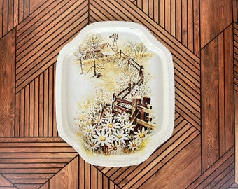 Vintage Farmhouse Tray, Trinket Tray, Tin Tray, Daisy Tray, Wood Fence, Small vintage tray, Flower Tray