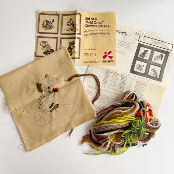 Woodland Animal Crewel kit, LeeWards Wild Ones, Vintage Crewel Embroidery Kit, set of 4, raccoon, squirrel, chipmunk, bunny rabbit, 6 x 6"