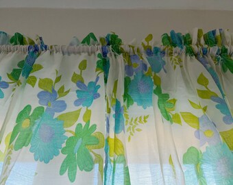 Sheer flower curtains, teal blue purple floral curtains, 30" white flower curtains, bright floral rod pocket curtains, 3 piece, 30 inch long