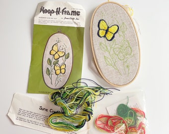 Vintage Butterfly Embroidery, 1975 June Cooper Hoop-N-Frame stitchery kit, Butterfly Embroidery, Partially Done, Yellow Butterfly Fiber Art