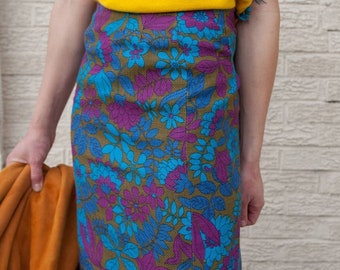 Vibrant floral pencil skirt, 24" waist XS skirt, Violet Olive and Cobalt Blue, textured multi-colored vintage pencil skirt, jewel tone