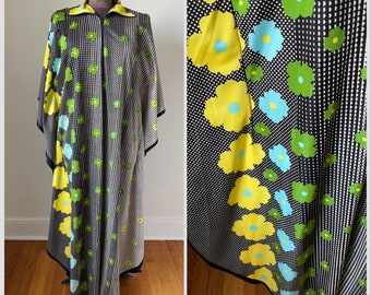 60s 70s Caftan by Mademoiselle, Bust 50" Bright Floral kaftan, maxi dress, colorful loungewear, mod, vintage hostess gown, 1960s 1970s