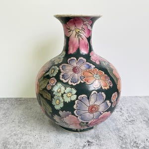 Vintage Macau Chinoiserie Vase, Hand Painted Chinoiserie Urn, Colorful Mantel Piece, Textured, Raised Flowers