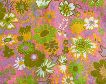 floral vintage fabric, 2 yards, pink green yellow, MCM dressmaking, 60s 70s mod, cute flowers, prairie hippie, boho DIY sew, sewing material