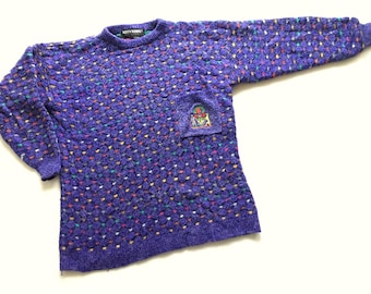 Vibrant Purple Boxy Sweater with multi-colored squares, Kittyhawk, rainbow dot, soft purple sweater, 80s 90s pullover sweater