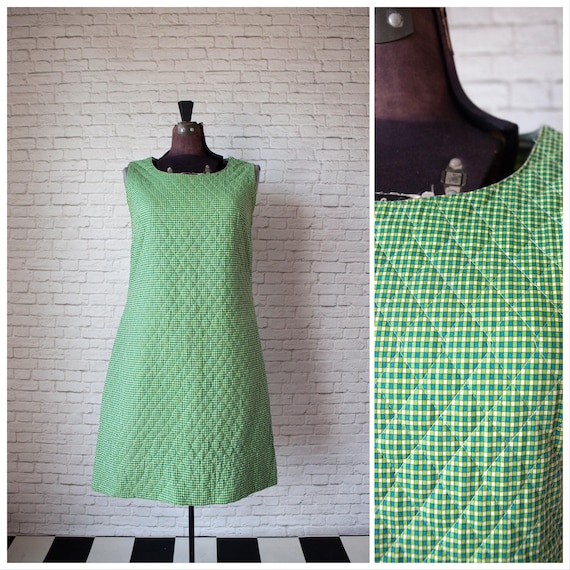 Quilted Shift Dress, Colorful Lime Green and Cobalt, tiny check plaid print, Bright colored small checkered pattern, sleeveless fitted dress