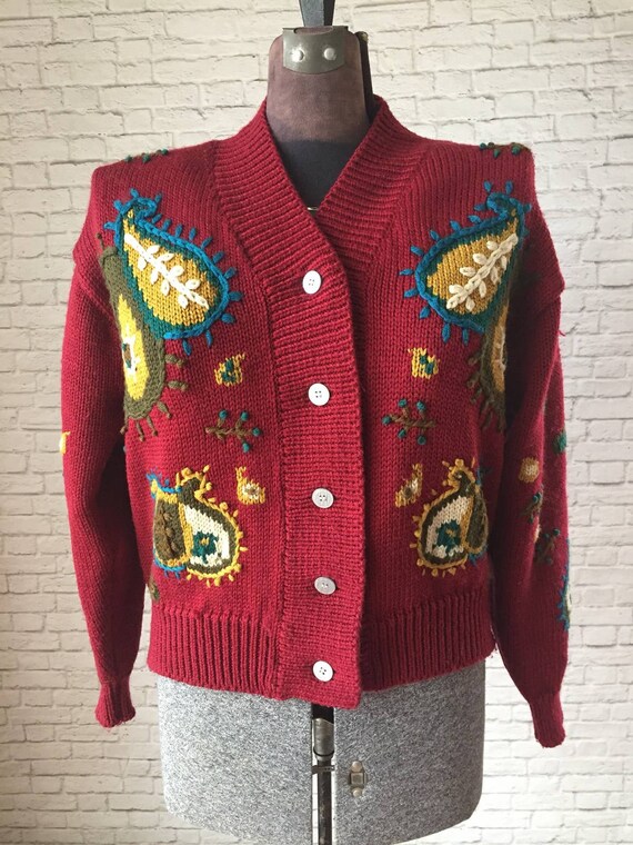 Paisley Embroidered cardigan, Maroon cardigan, Iv… - image 7