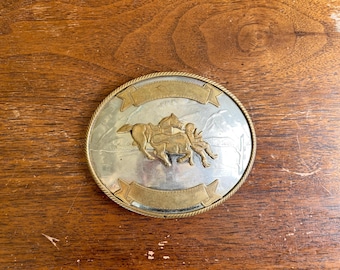 Vintage Steer Wrestling German Silver Large Belt Buckle, Western Cowboy, Bull Dogging, Rodeo, Bull Riding Two Tone