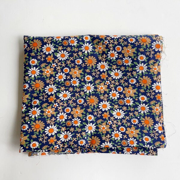 floral vintage fabric, blue tan orange, 4.5 yards, White Daisy, 60s 70s mod, cute flowers, prairie hippie, boho DIY sew, sewing material
