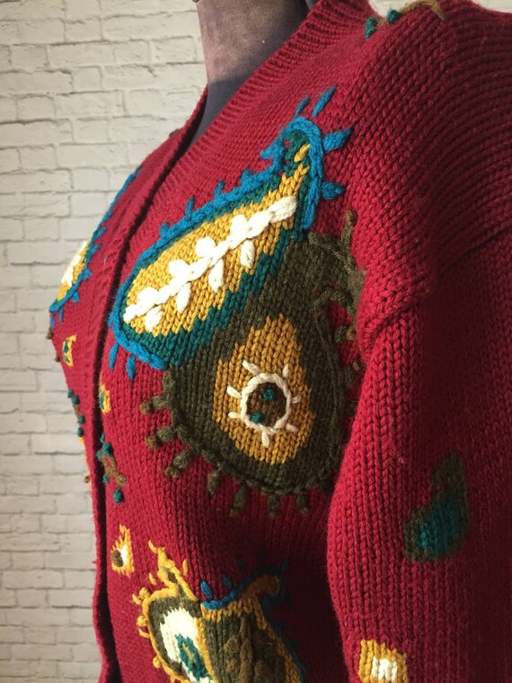 Paisley Embroidered cardigan, Maroon cardigan, Iv… - image 10