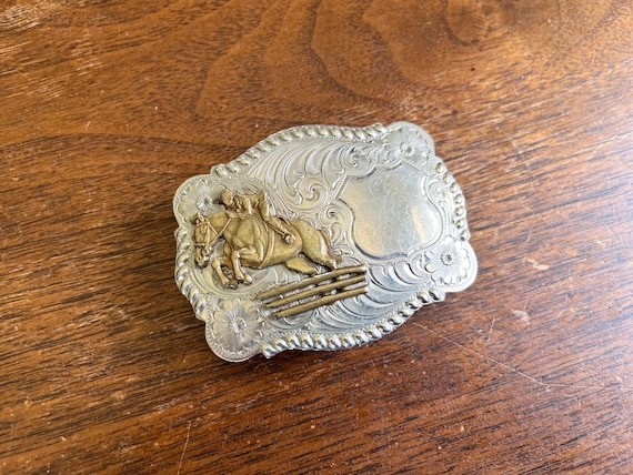 Vintage German Silver Rodeo Belt Buckle, Horse Western Cowboy, Two Tone, Wage's, Made in USA, Blank, Rectangle