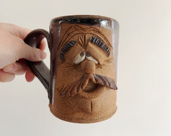 Mustache mug, funny face mug, with secret face inside, facial hair, quirky artisan hipster mug, vintage handmade mustache gift mug for dad