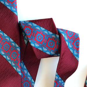 Wide maroon and blue necktie, flower tie, floral pattern, cobalt blue stripes, vintage accessory, gift for him, suit accessories, wedding