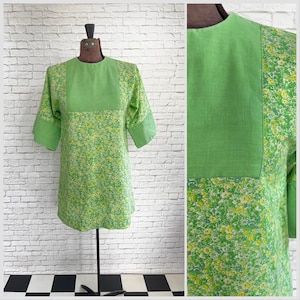 Green Shift Dress, Dainty Floral Cotton, Vintage Handmade, House Dress, Cheery floral dress, 1960s 1970s, Lime Green, Easter Dress