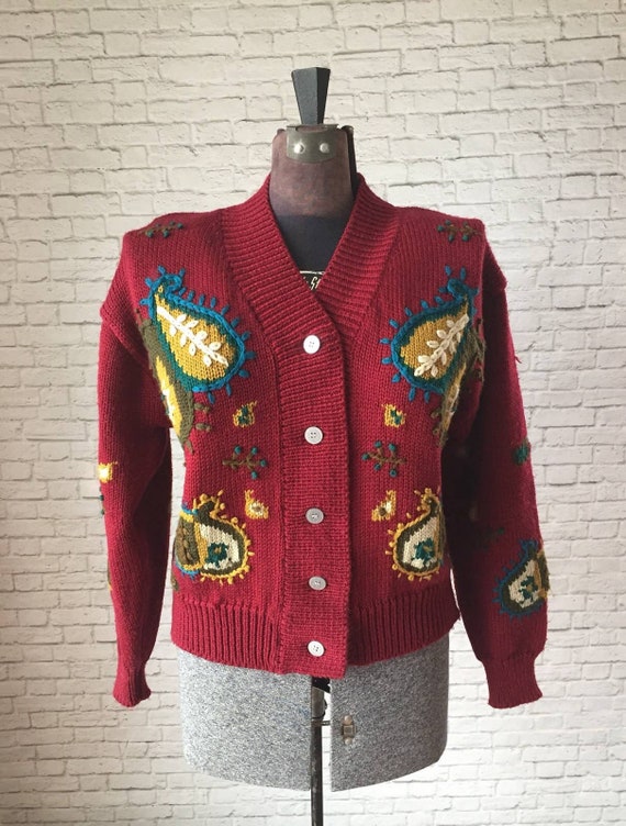 Paisley Embroidered cardigan, Maroon cardigan, Iv… - image 1