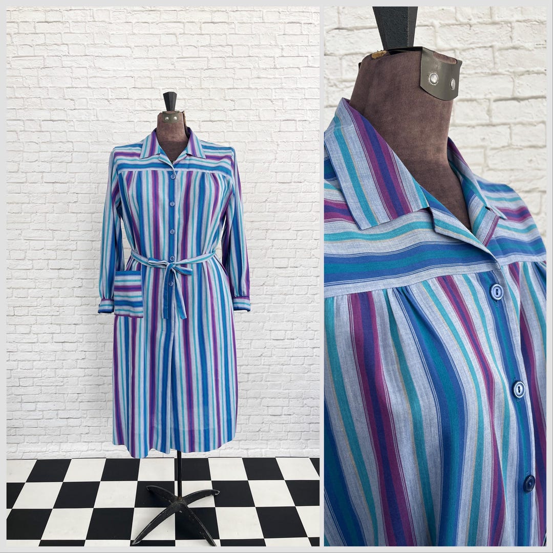 Vertical Striped Shirt Dress, Purple and Blue Dress With Waist Tie, A ...