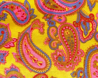 vintage fabric, paisley, Yellow Pink Purple, MCM dressmaking, 60s 70s mod psychedelic, 1.75 yd, hippie, boho DIY sew, sewing material