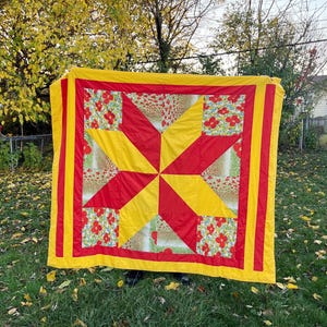 bright vintage 8 point star quilt, red and yellow bright floral star quilt, vintage quilt, vibrant quilt, multi-colored quilt,