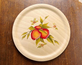 Houten dienblad met perzik, handgeschilderd vintage dienblad met perzik, ronde vintage schotel, barwagen, dienblad met appel, decor appel, decor perzik, decor fruit