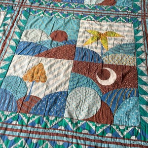 Eclectic Patchwork Pattern Vintage Comforter, Colorful Bedspread, 60s 70s, Trees, Mountains, Boho Hippie Style