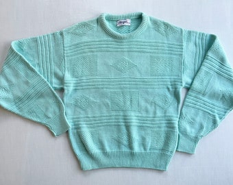 Vintage Mint Sweater, Mint Green Blue textured sweater, cotton sweater, embossed shapes, stripes, solid sweater, easter egg color, pastel