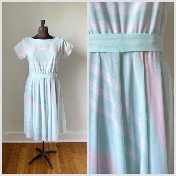 Lightweight Dress, Pastel Summer Dress, Fit and Flare, Vintage Pastel Dress, Mint and Pink, Striped Pattern, Colorblock