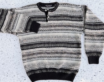 Vintage Textured Stripe Grandpa Sweater, Brandini, Mens M, 80s 90s, Wool Blend, Black and white Striped Sweater, Black Brown Tan Earth Tones