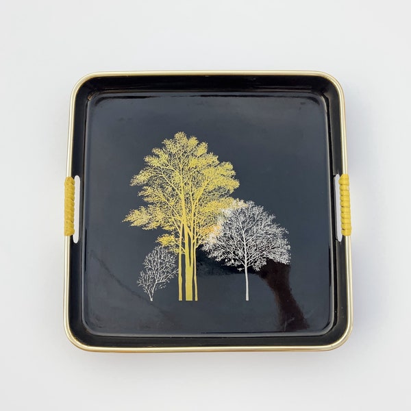 Metallic Tree Tray, Small Lacquer Tray, Vintage Trees Tray, Alcohol and stainproof lacquer ware, black bar tray, silver and gold