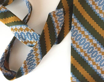 Geometric wide tie, diagonal stripe tie, mustard olive and blue tie, cervante necktie, polyester necktie, mustard necktie, wide vintage tie