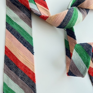 Striped Colorful Silk Tie, Bert Pulitzer Silk necktie, multicolored diagonal stripe, Preppy Vintage Tie, red, peach, green, textured stripe