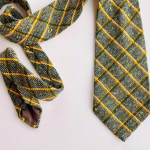 Winter Plaid Necktie, Speckled Plaid Textured tie, Vintage Plaid Tie, Green and Yellow, acrylic cotton blend textured tie, wide tie,