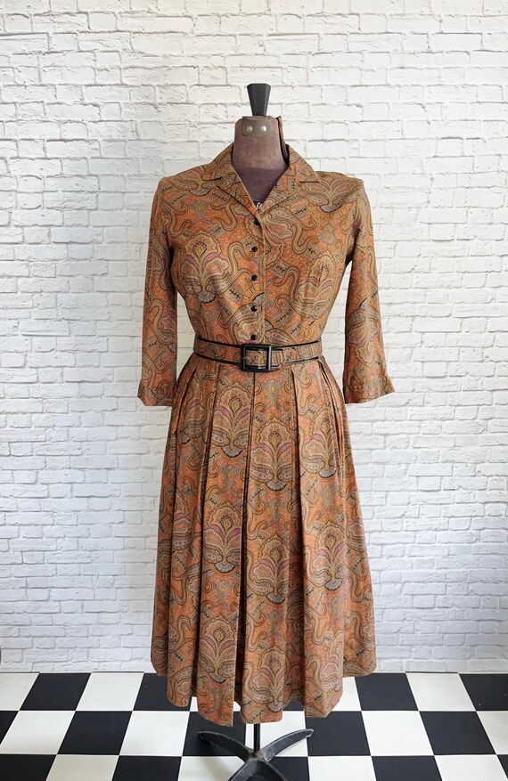 Bobbie Brooks Fall Dress, 60s Collar Swing Dress, Brown Pleated