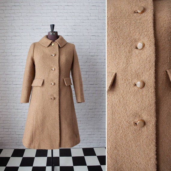 Tan Boucle Vintage Coat, Long Coat, Beige Jacket, Vintage Winter Fitted Coat, Boucle Texture, Tan and Gold Buttons, Ilgwu Union Made
