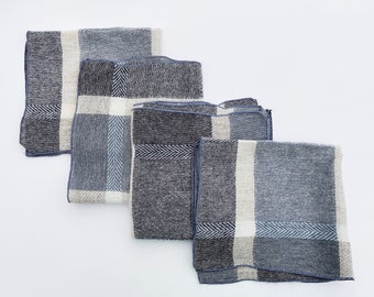 Plaid cloth napkins, gray blue textured napkins, tan gray blue knit napkins, set of 4 vintage napkins