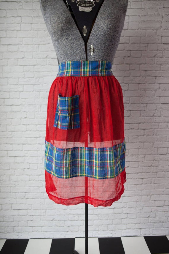 60s blue and red plaid apron｜エプロン・三角巾 60s blue and red