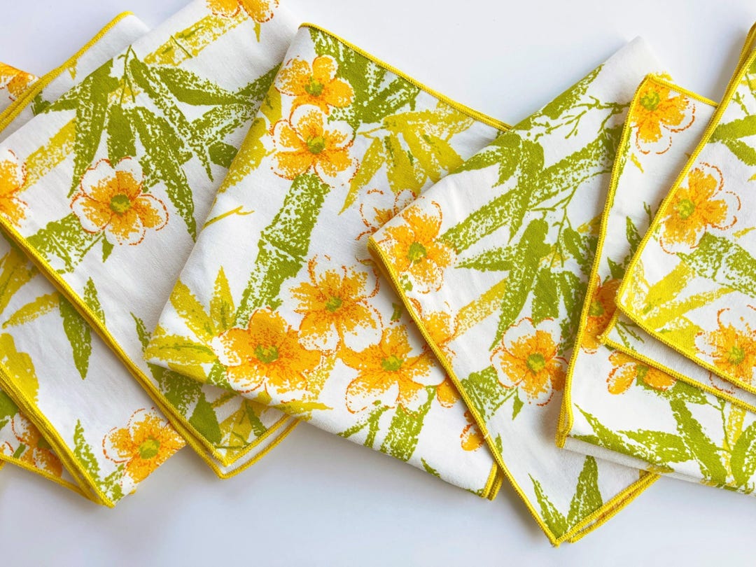 Patterned Napkins Vintage Bamboo Pattern Napkins, Floral Cloth Napkins, Yellow Flowers ...