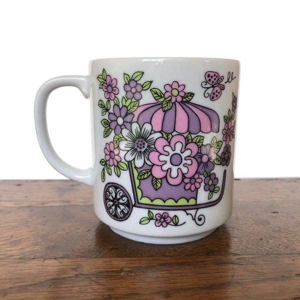 Flower Cart Mug, Purple Vintage Mug, vibrant flower mug, double sided floral mug, vintage mug addict, flower wagon tea cup, vintage mug