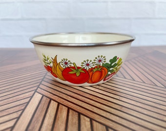 Small Enamel Bowl, Produce Imagery, Tiny Vintage Bowl, Tomato, Pumpkin, Onion, Enamelware bowl, Trinket Bowl, Berry Bowl